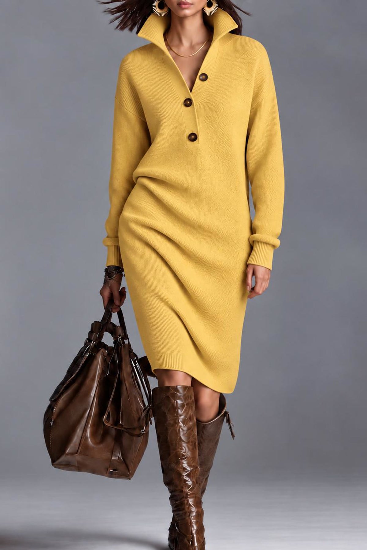 Maglia ribbed collared sweater dress in lemon yellow