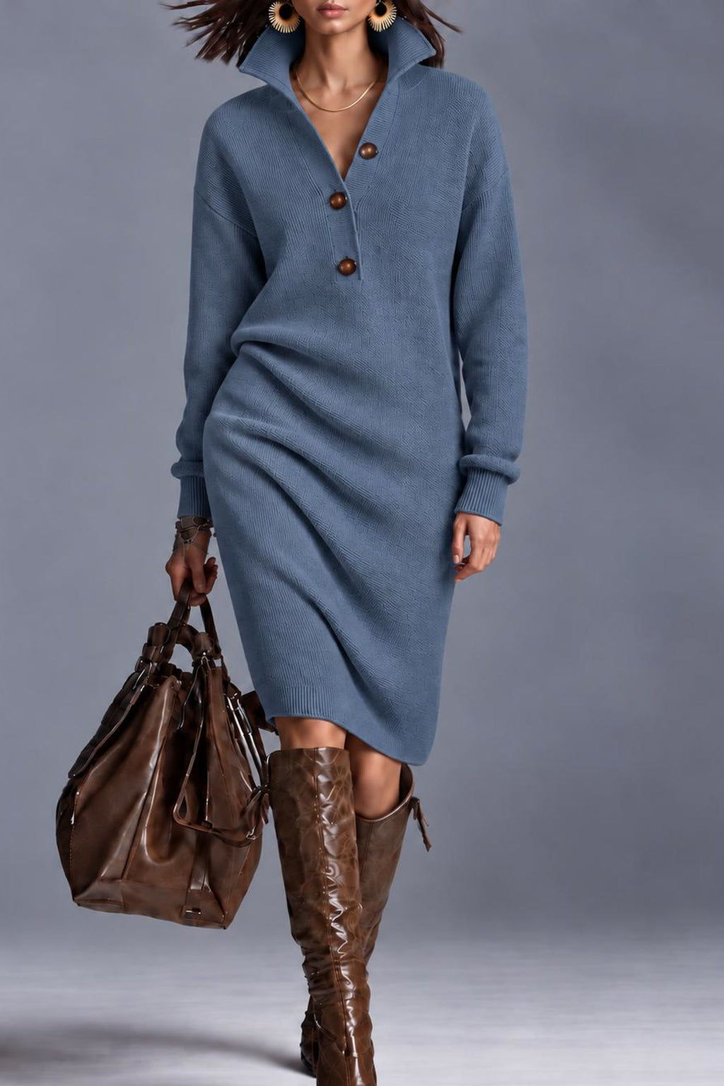 Maglia ribbed collared sweater dress in blue
