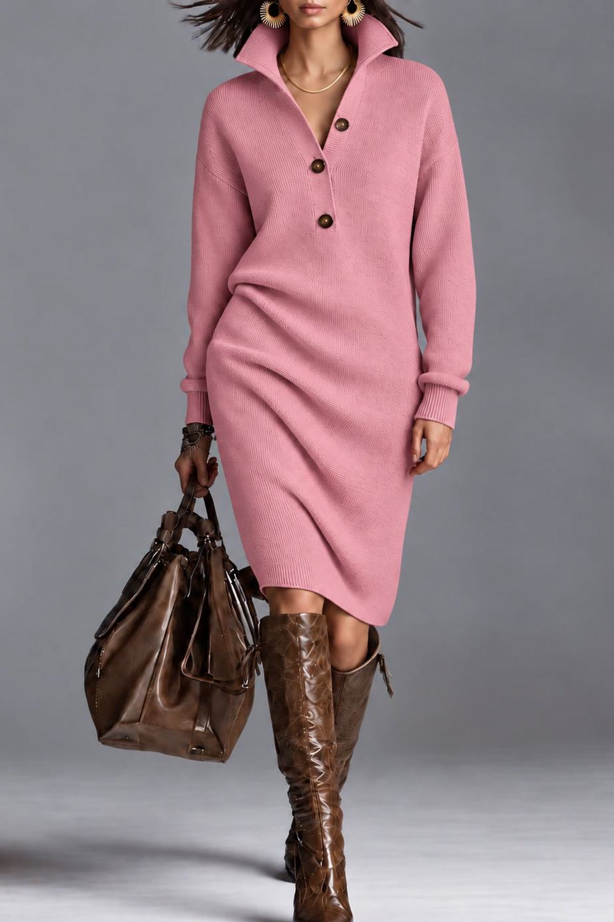 Maglia ribbed collared sweater dress in pink