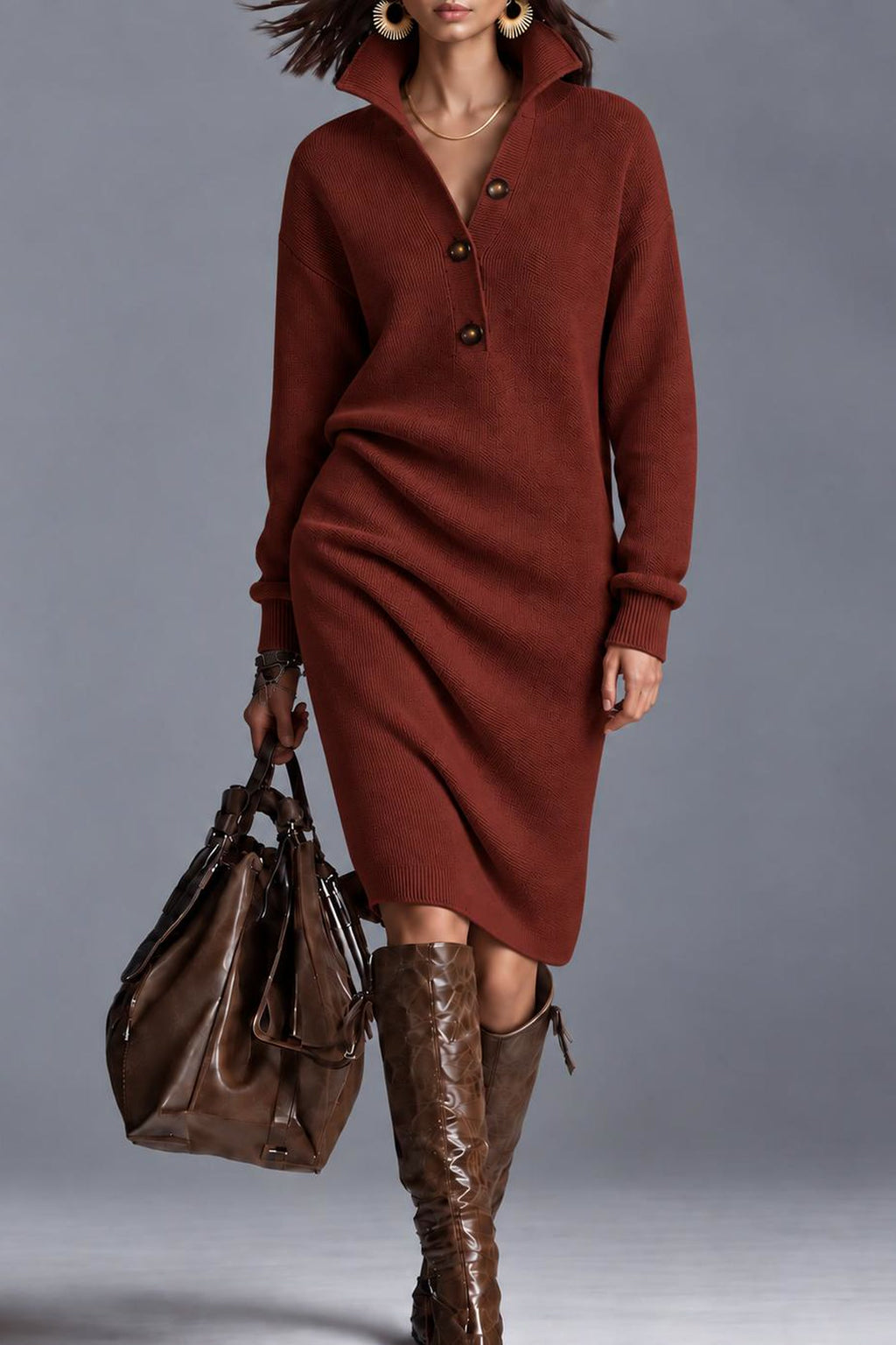 Maglia ribbed collared sweater dress in brown