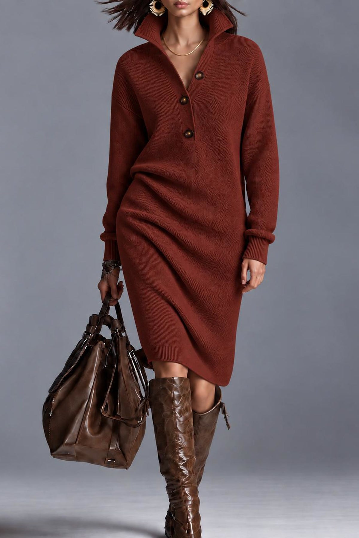 Maglia ribbed collared sweater dress in brown