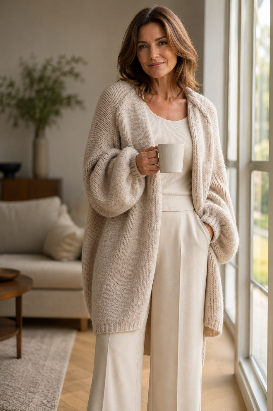 Woman wearing the Nuvola cardigan over cream wide-leg trousers