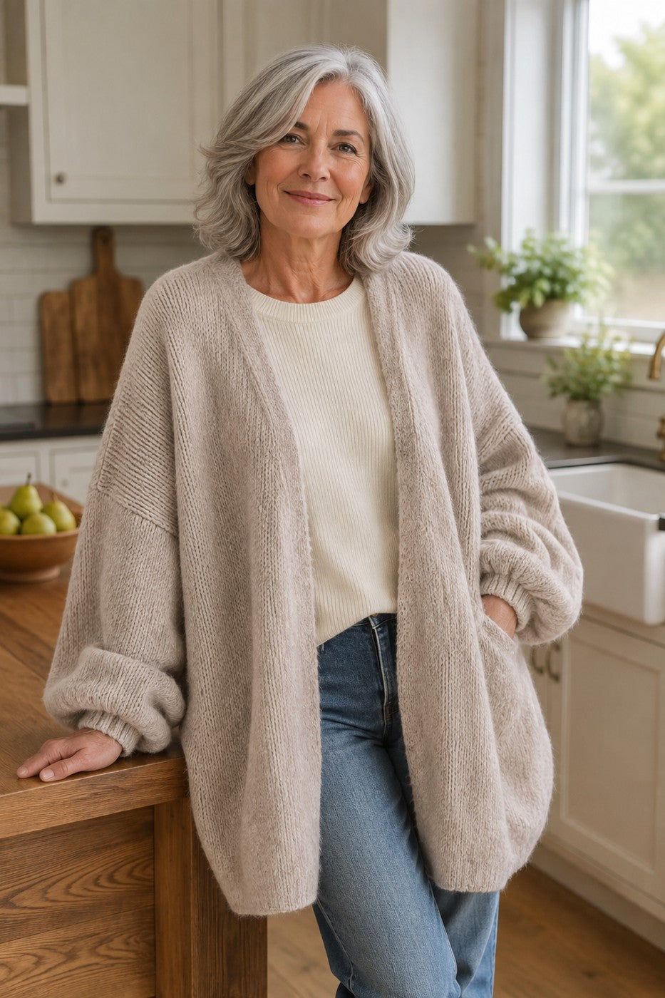 Woman wearing the Nuvola cardigan in a sunlit kitchen