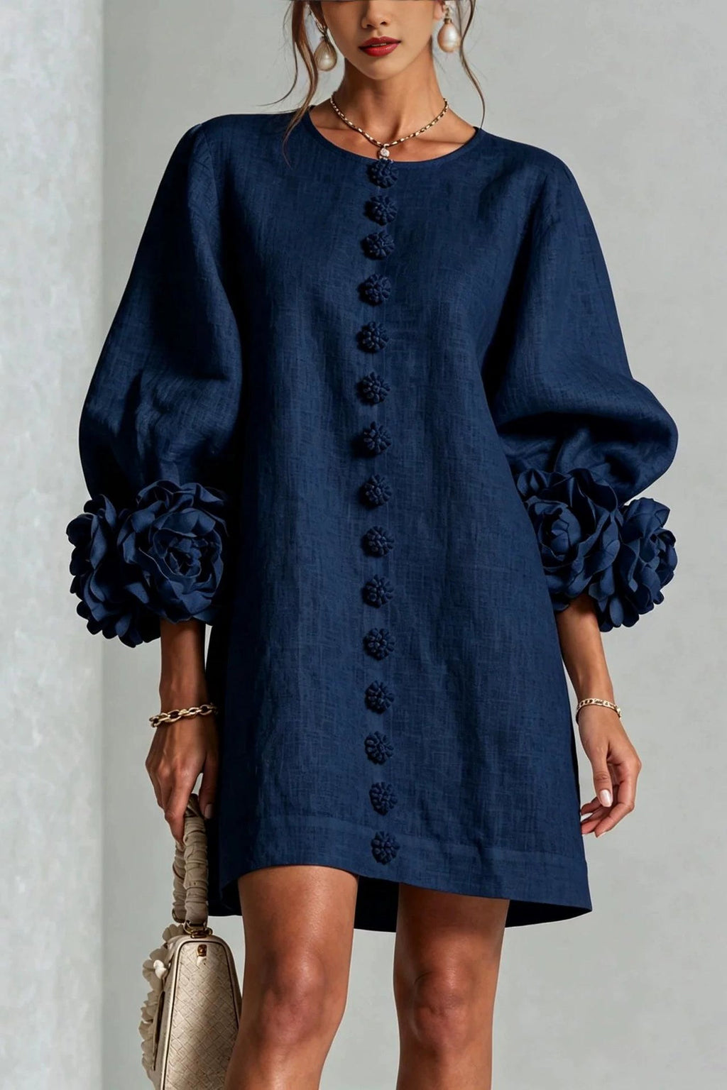 Petalo puff sleeve dress in navy blue