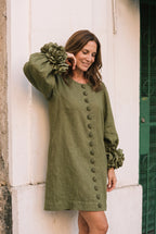 Petalo puff sleeve dress in olive green, worn