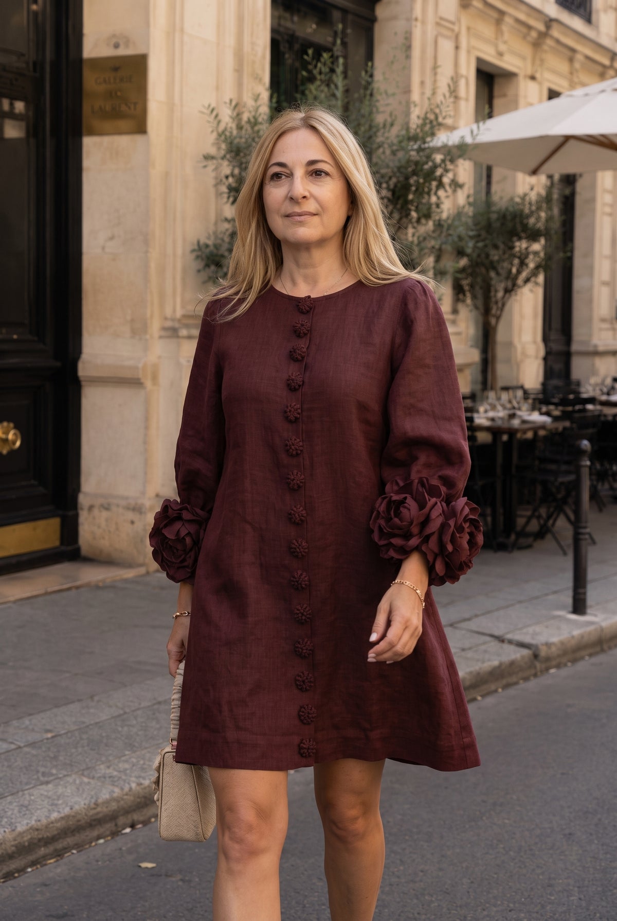 Petalo puff sleeve dress in burgundy, walking