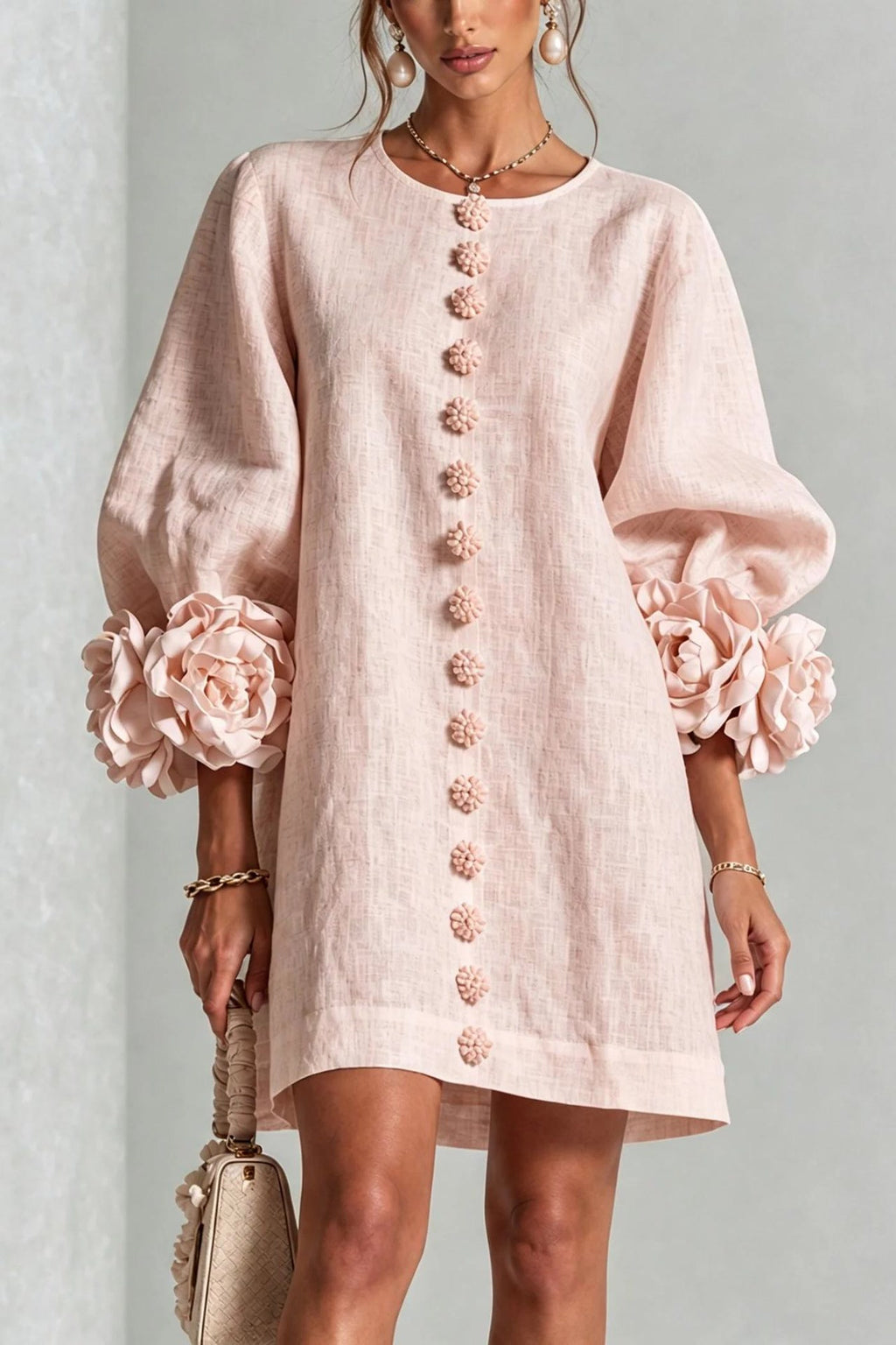 Petalo puff sleeve dress in pink, flower cuff detail
