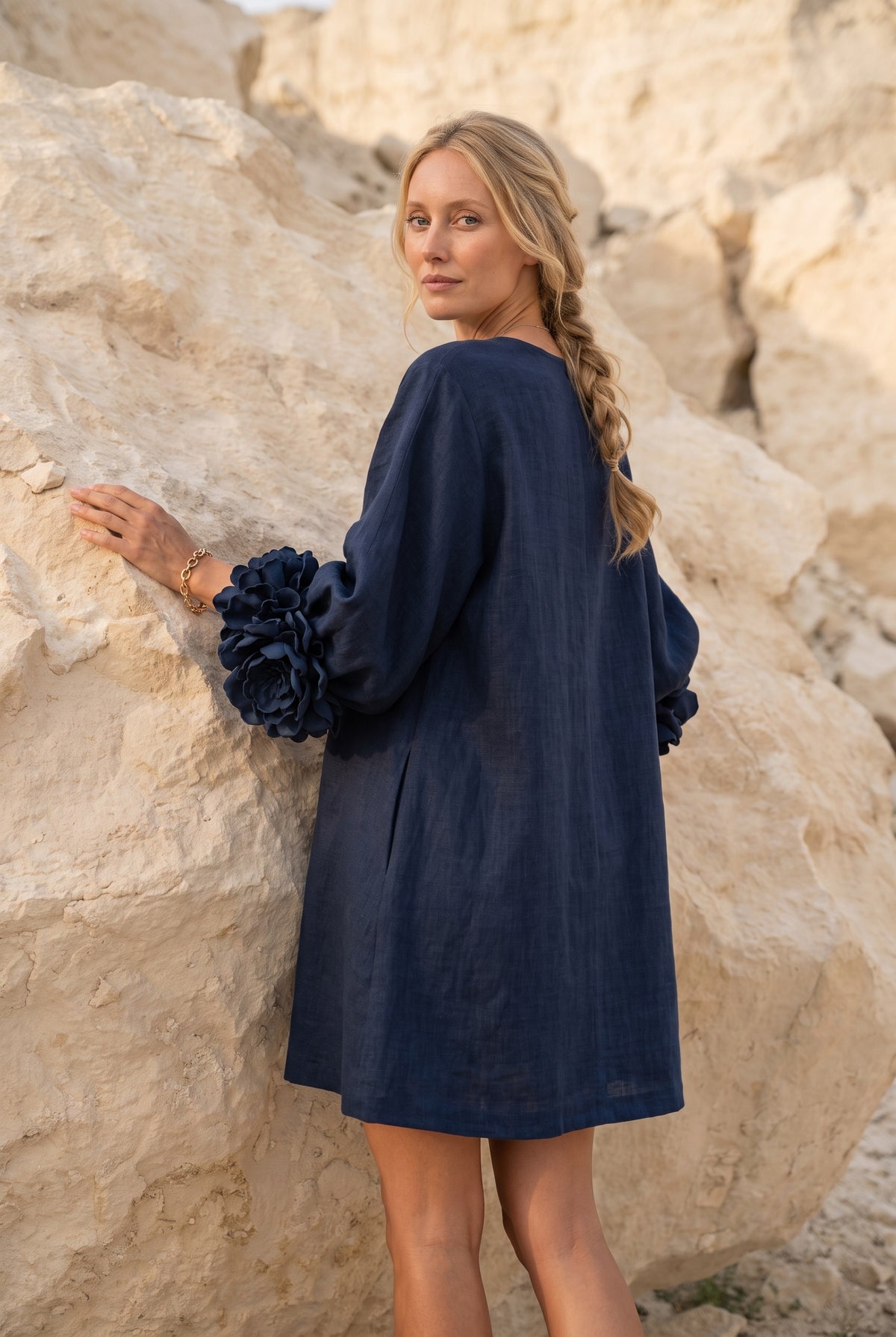 Petalo puff sleeve dress in navy blue, back view