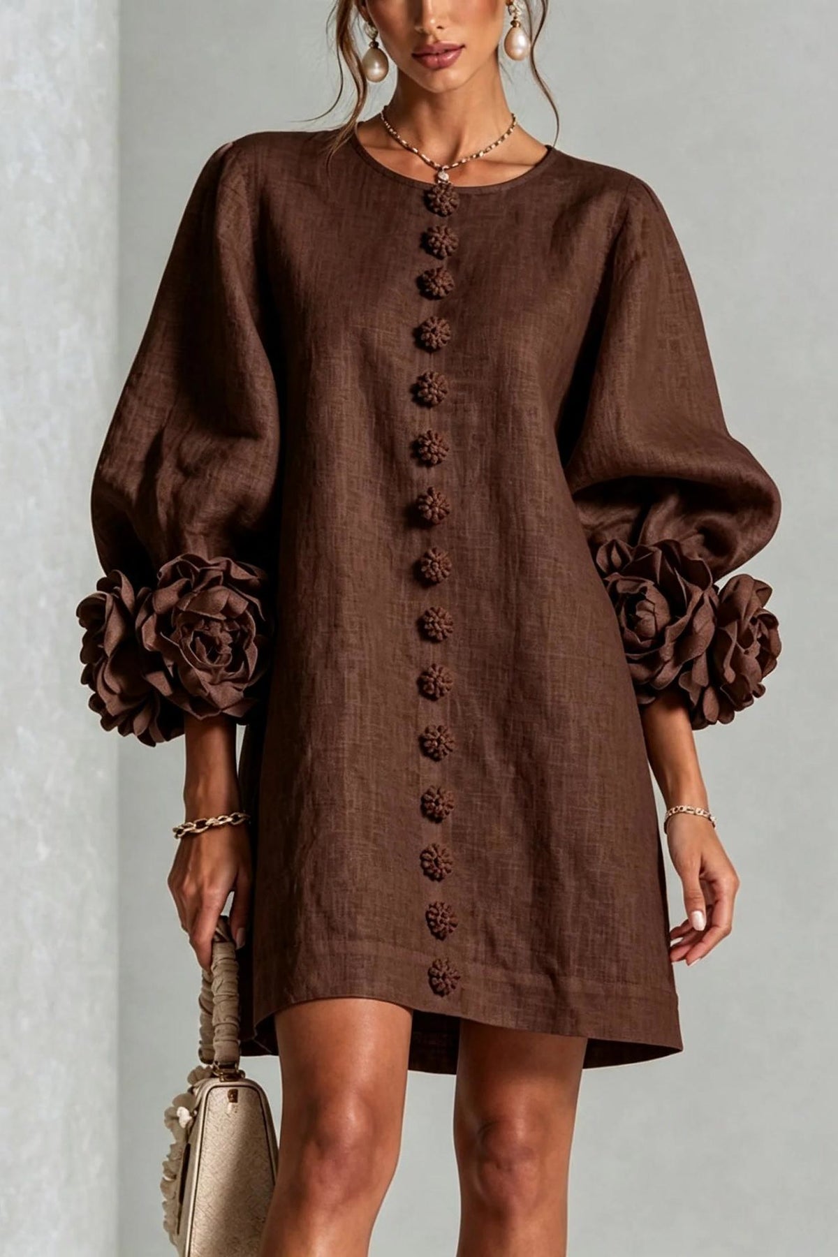 Petalo puff sleeve dress in brown