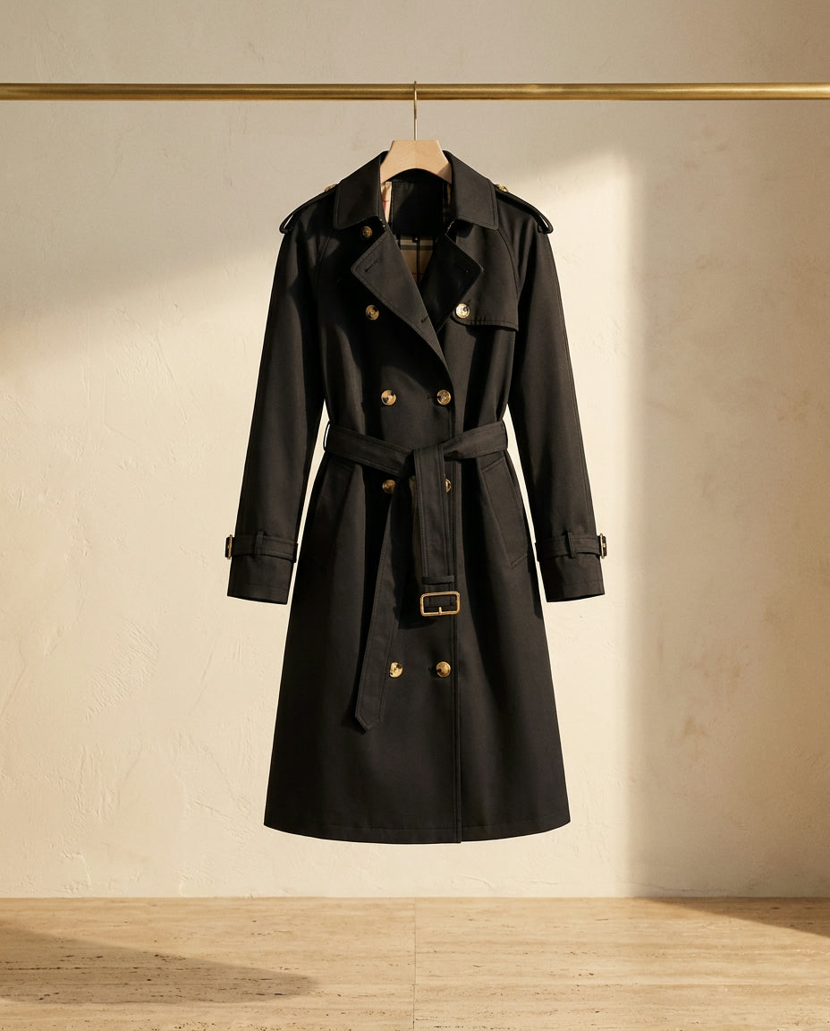 Ravello trench coat on warm travertine stone