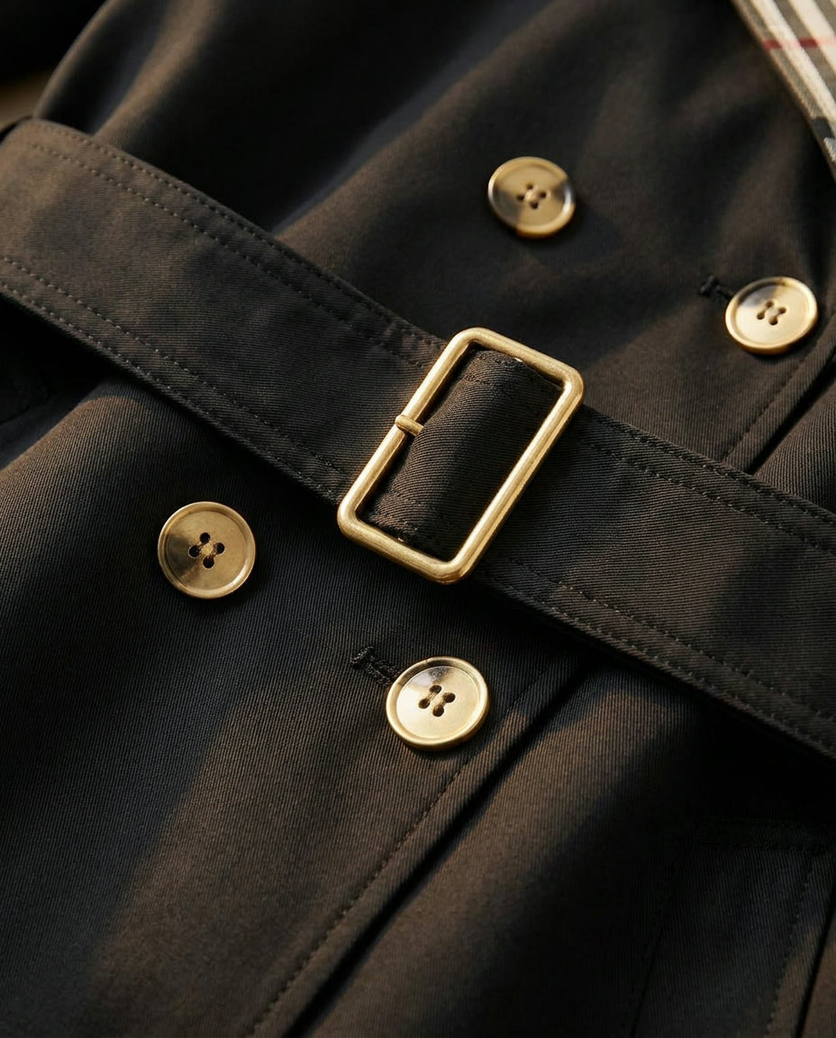 Ravello trench coat belt and button detail