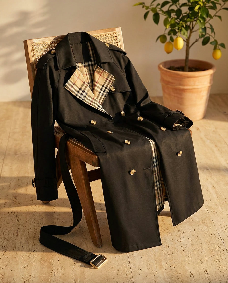 Ravello trench coat draped over a caned chair