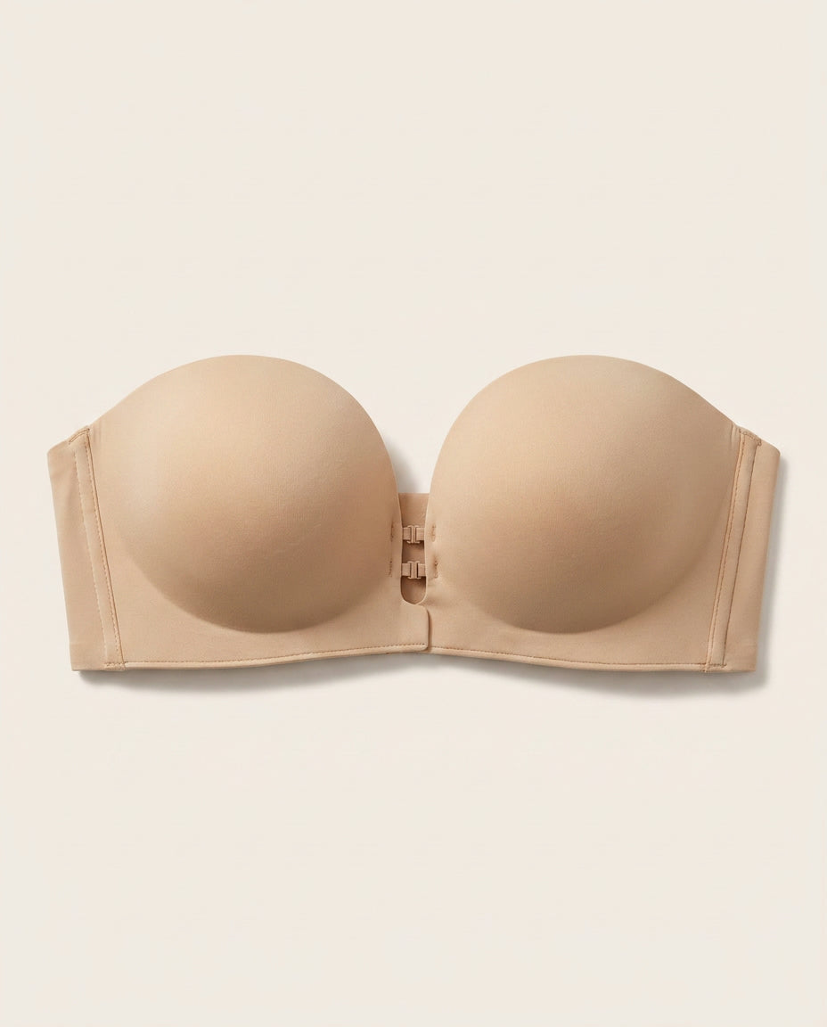 Salda strapless bra on a plain off-white background