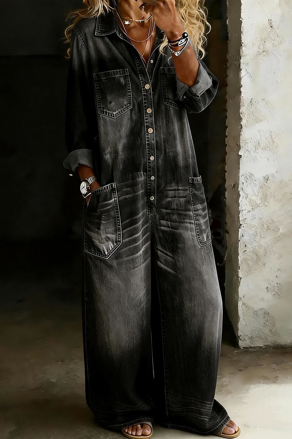 Salerno denim jumpsuit in grey, detail