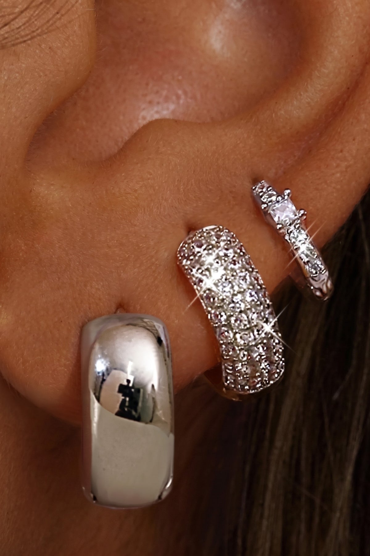 Scala hoop trio, Chunky Silver, worn on the ear