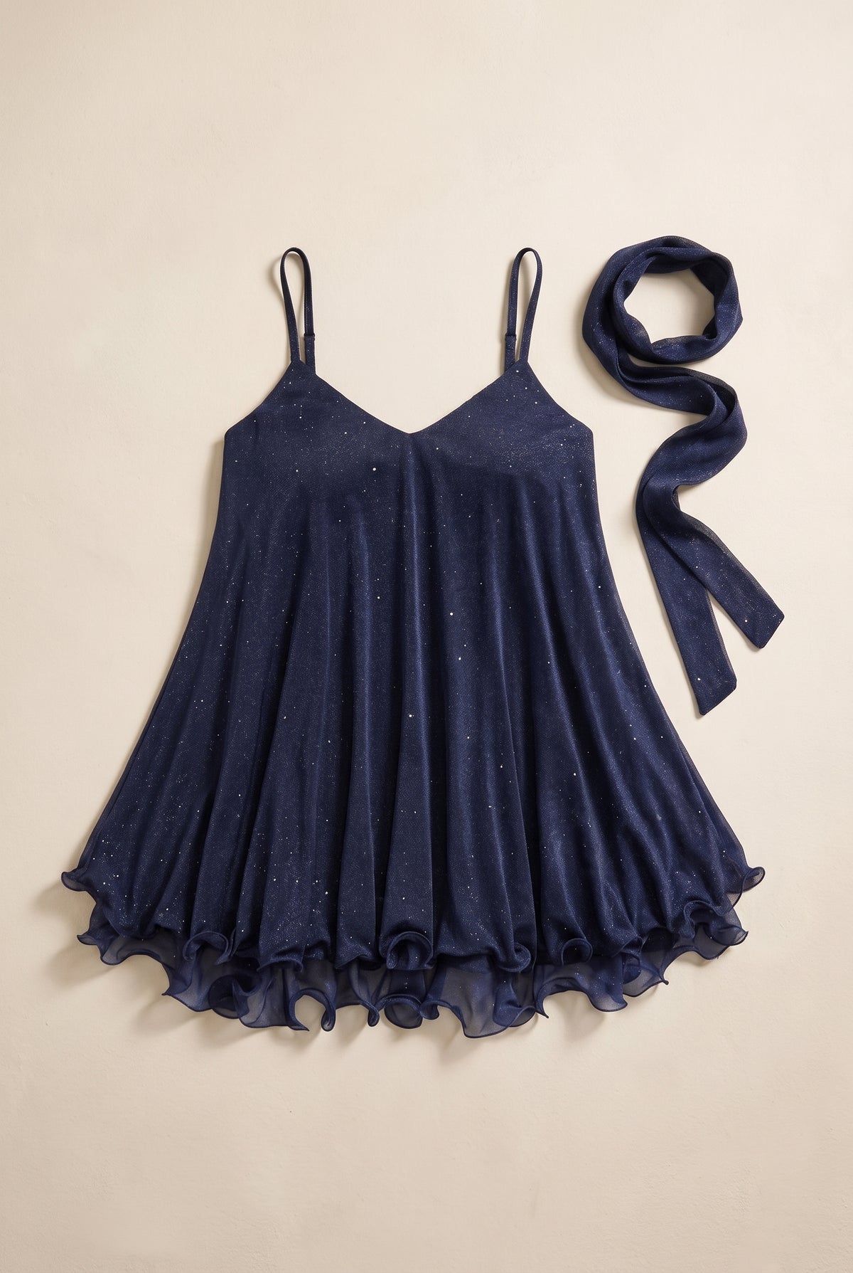 Scintilla shimmer dress in dark navy with its scarf, catalog hero