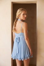 Scintilla shimmer dress in baby blue, back view