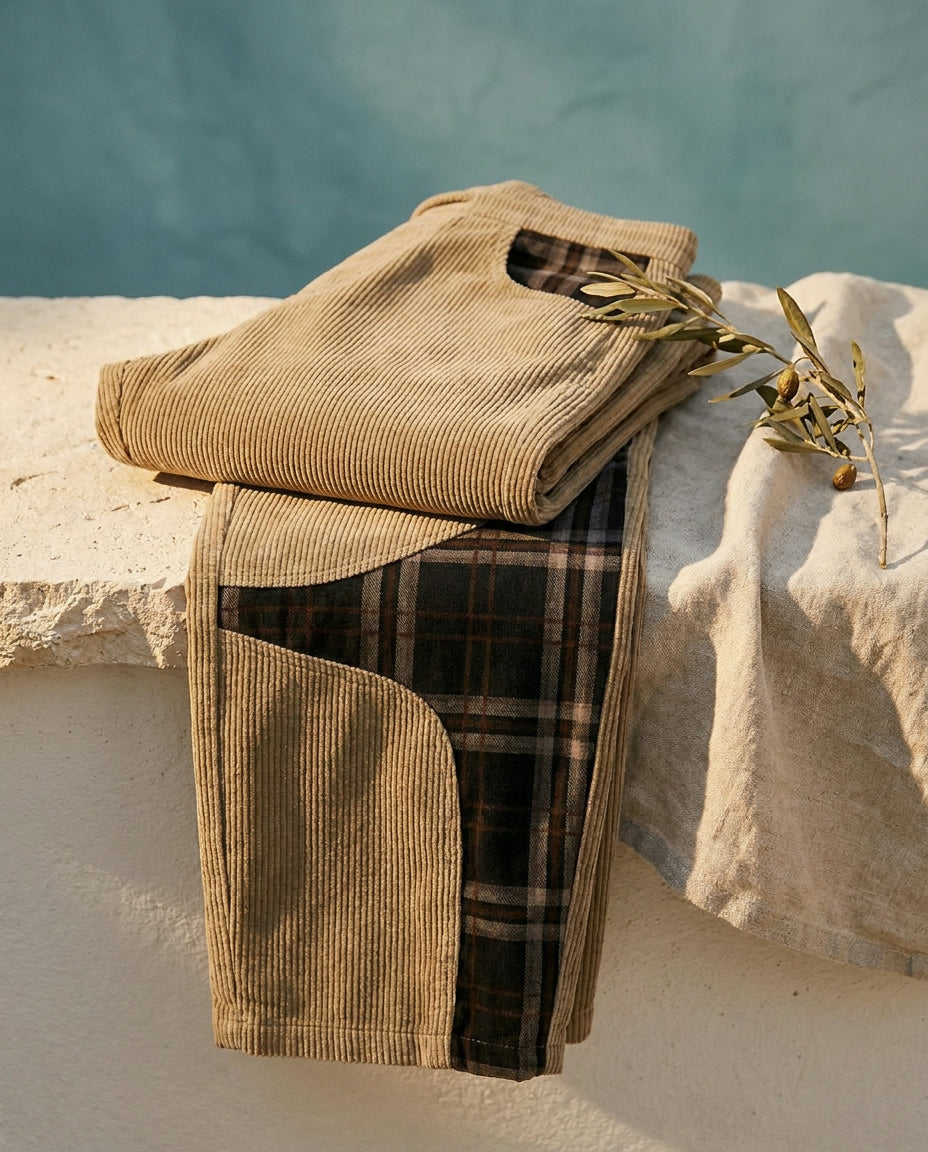 Vietri barrel pant folded on a limestone ledge